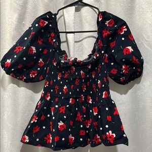 kate spade Blue Puff Sleeve Smocked Blouse